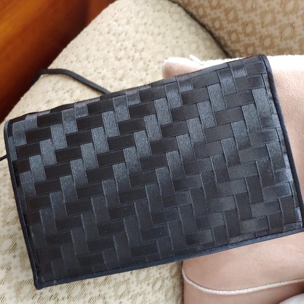Magid Black Satin Woven Herringbone Evening Clutch